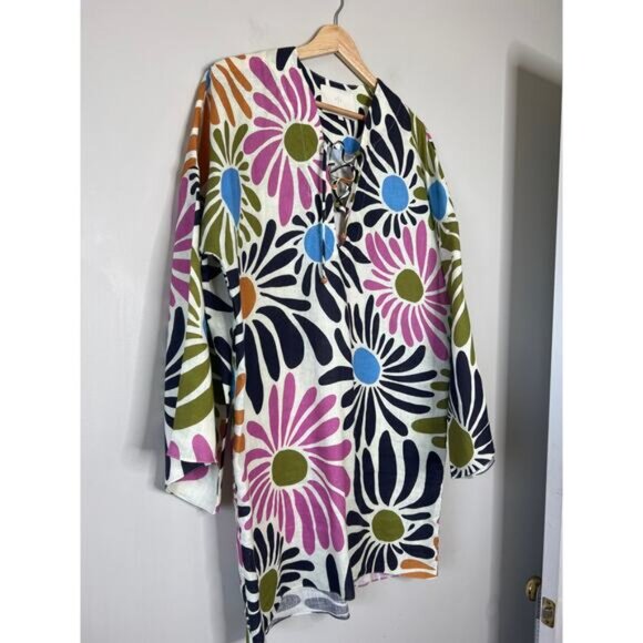 NEW Cala de la Cruz Turin Linen Bell Sleeve Floral Mini Dress Multi Color Size:L - Picture 3 of 8